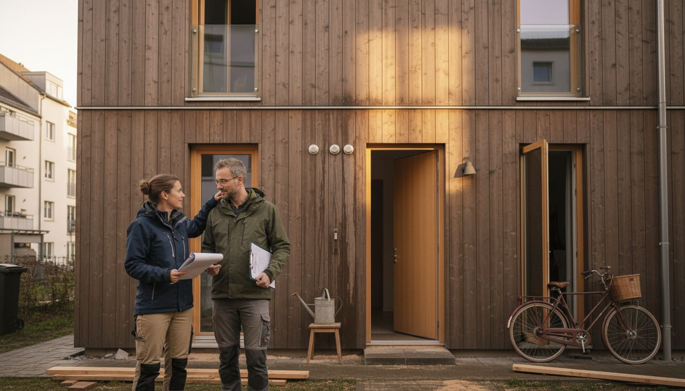 Eine Architektin und ein Prüfer nehmen das Holzhaus genau unter die Lupe und begutachten sorgfältig die einzelnen Bauteile.