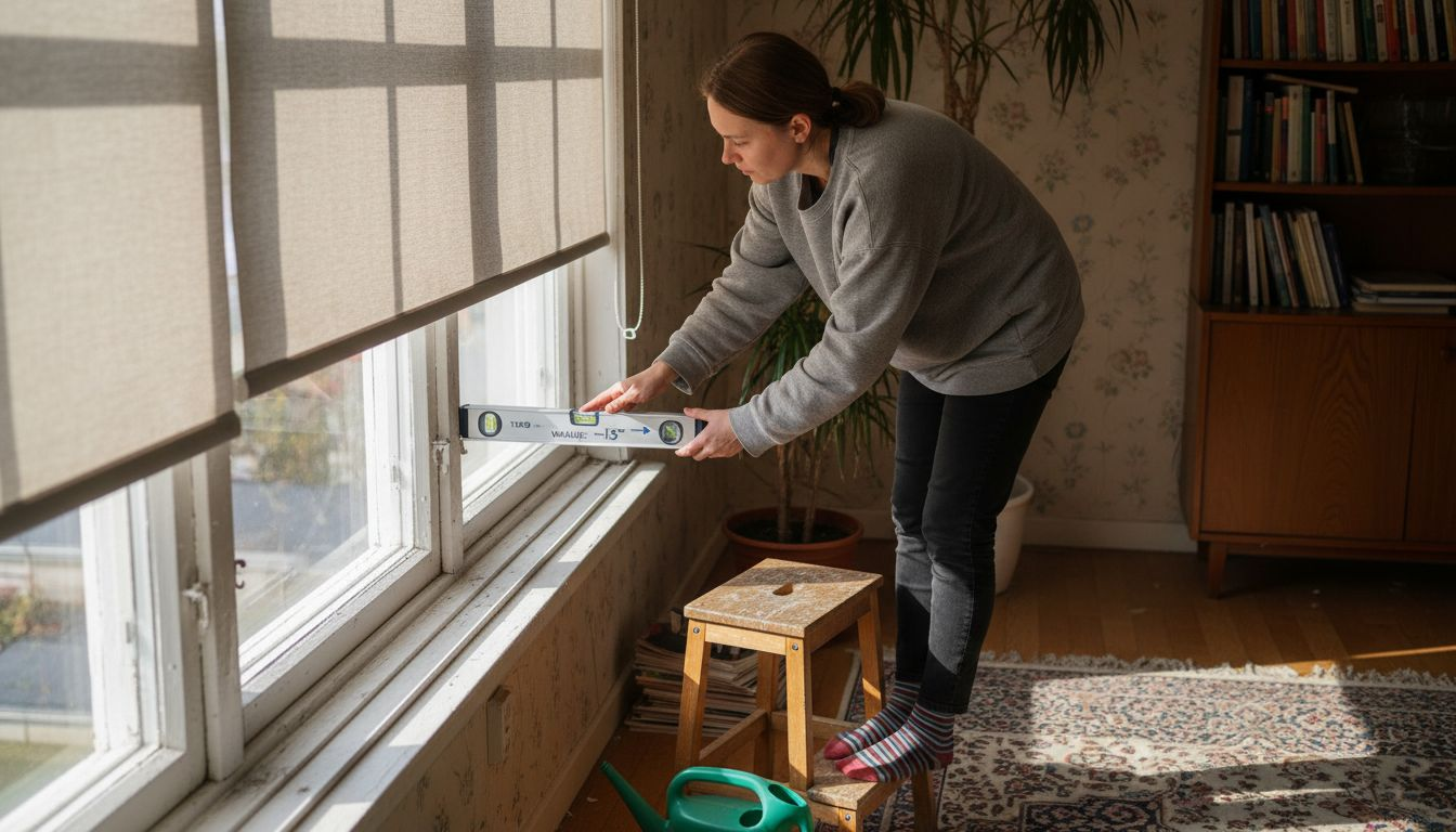 Nainen säätää rullaverhoa suoraksi vatupassin avulla