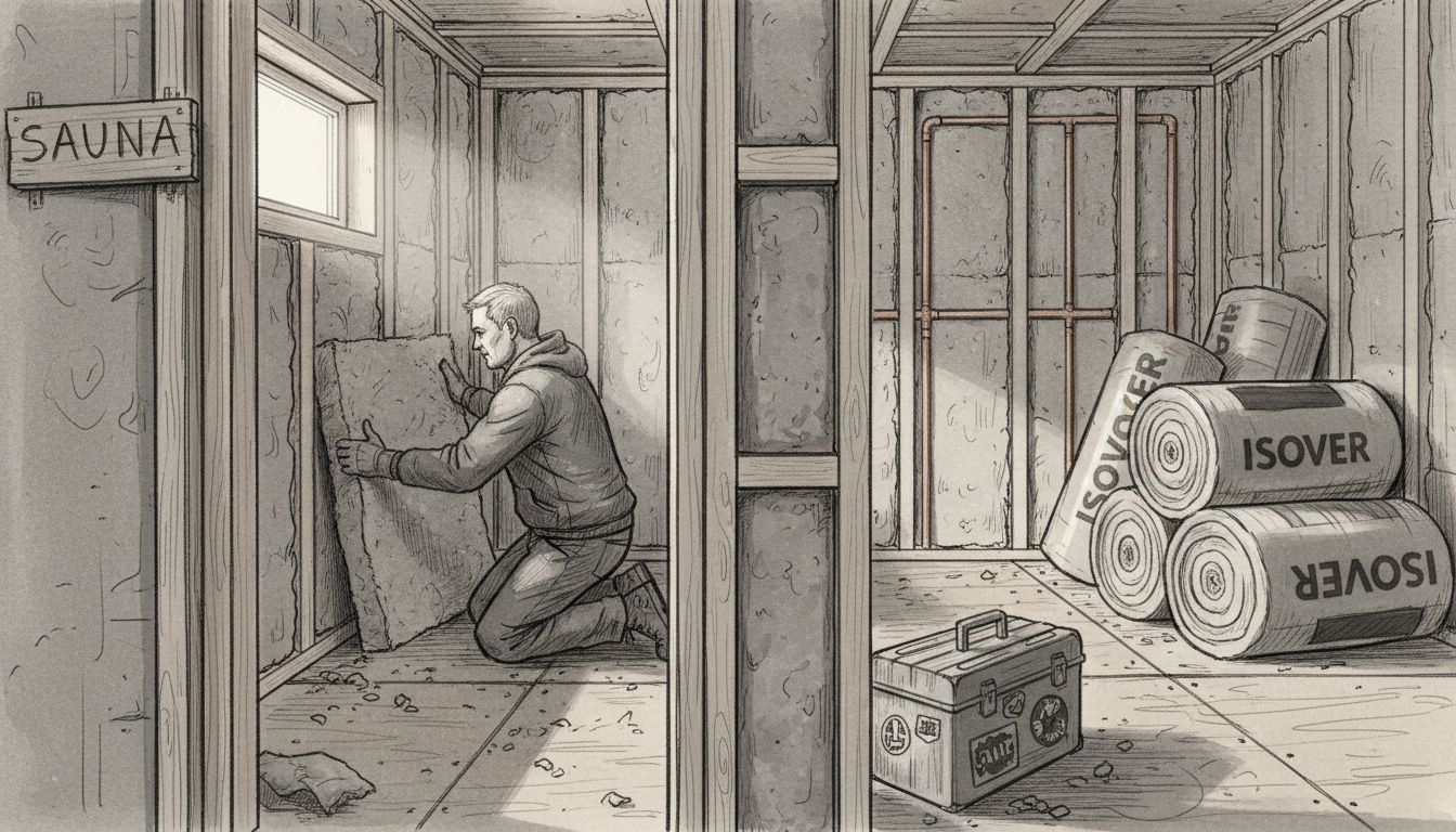 Rakentaja asentaa eristettä saunan seinään.