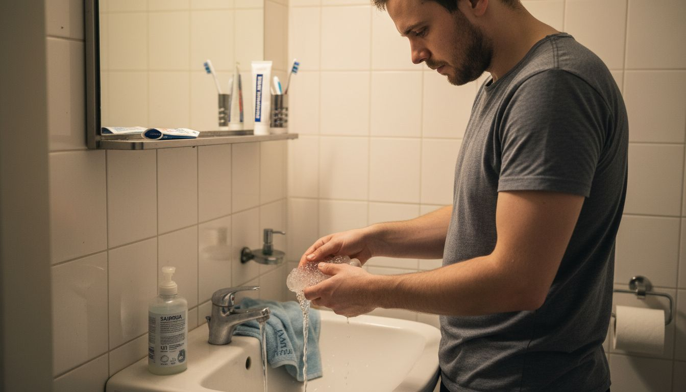 Mies huuhtelee silikonilelua huolellisesti puhtauden varmistamiseksi.