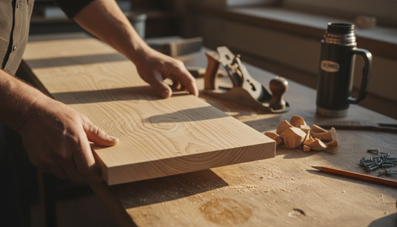 Mit geschultem Blick und Fingerspitzengefühl prüft jemand die Holzqualität der Fasssauna aus nächster Nähe.