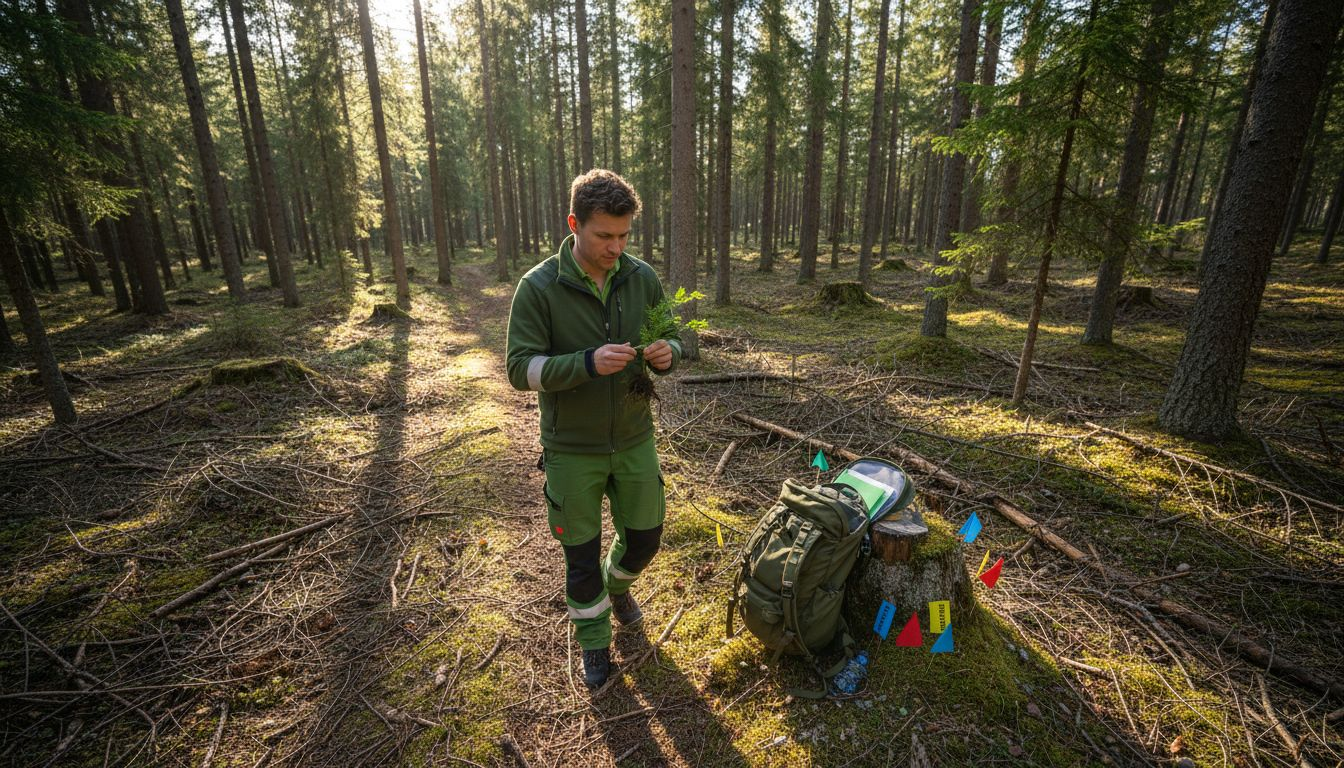 Miljöarbetare i arbete med hållbart skogsbruk i de finska skogarna