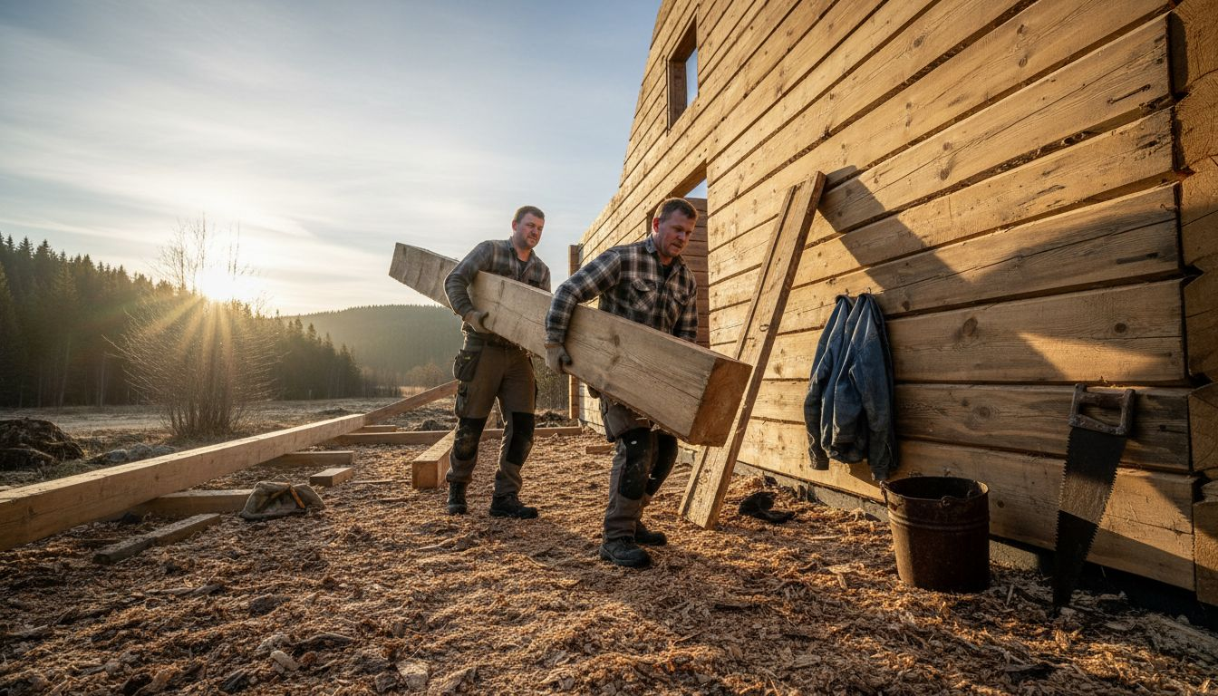 Byggmestere er i gang med å sette opp tømmerbygg ute på byggeplassen.