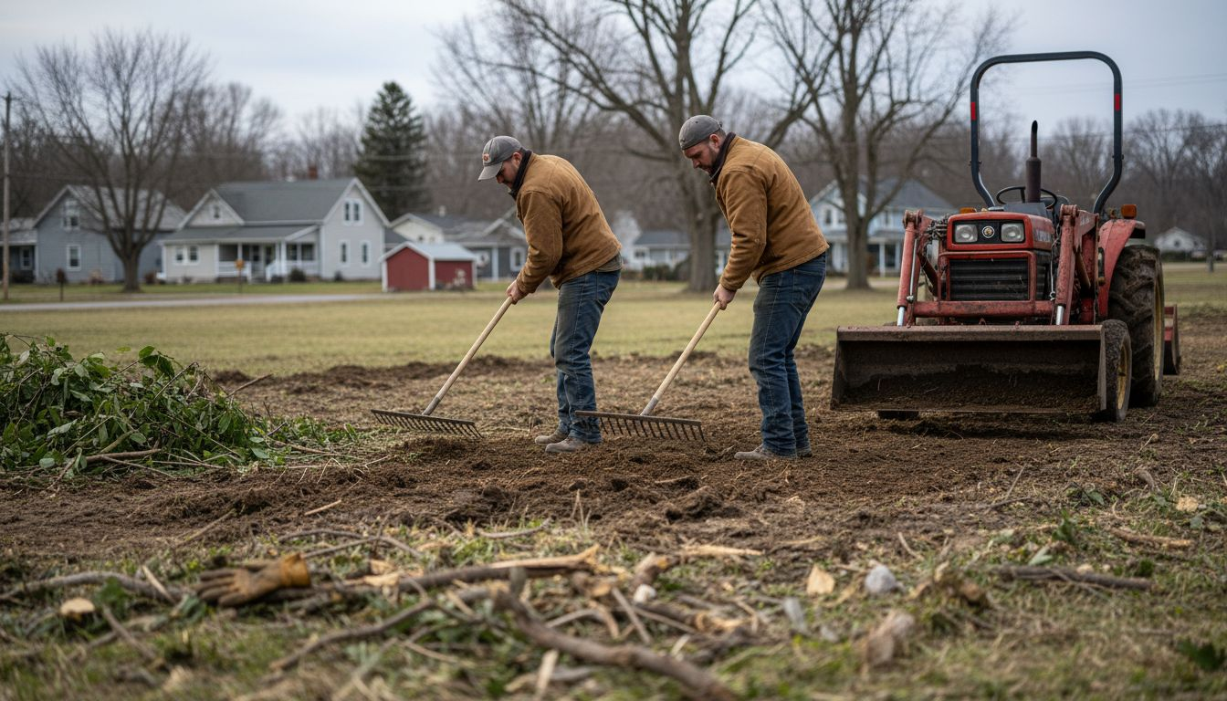 Workers clearing and leveling building site