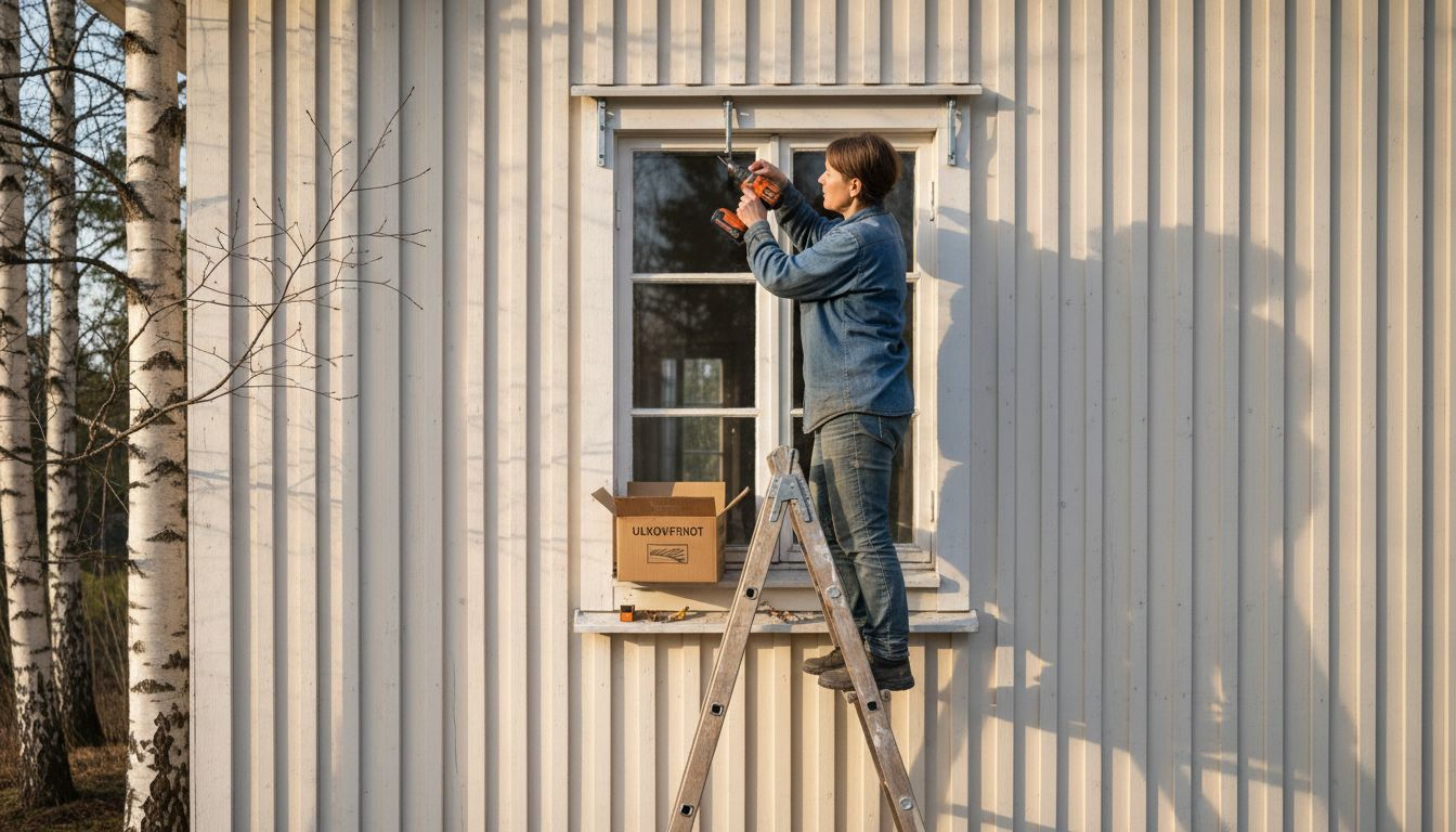 Nainen kiinnittämässä ulkokaihtimien kannakkeita ikkunan yläpuolelle.