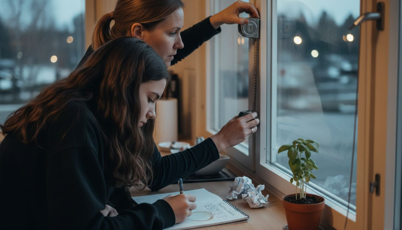 Äiti ja tytär mittaavat yhdessä ikkunaa