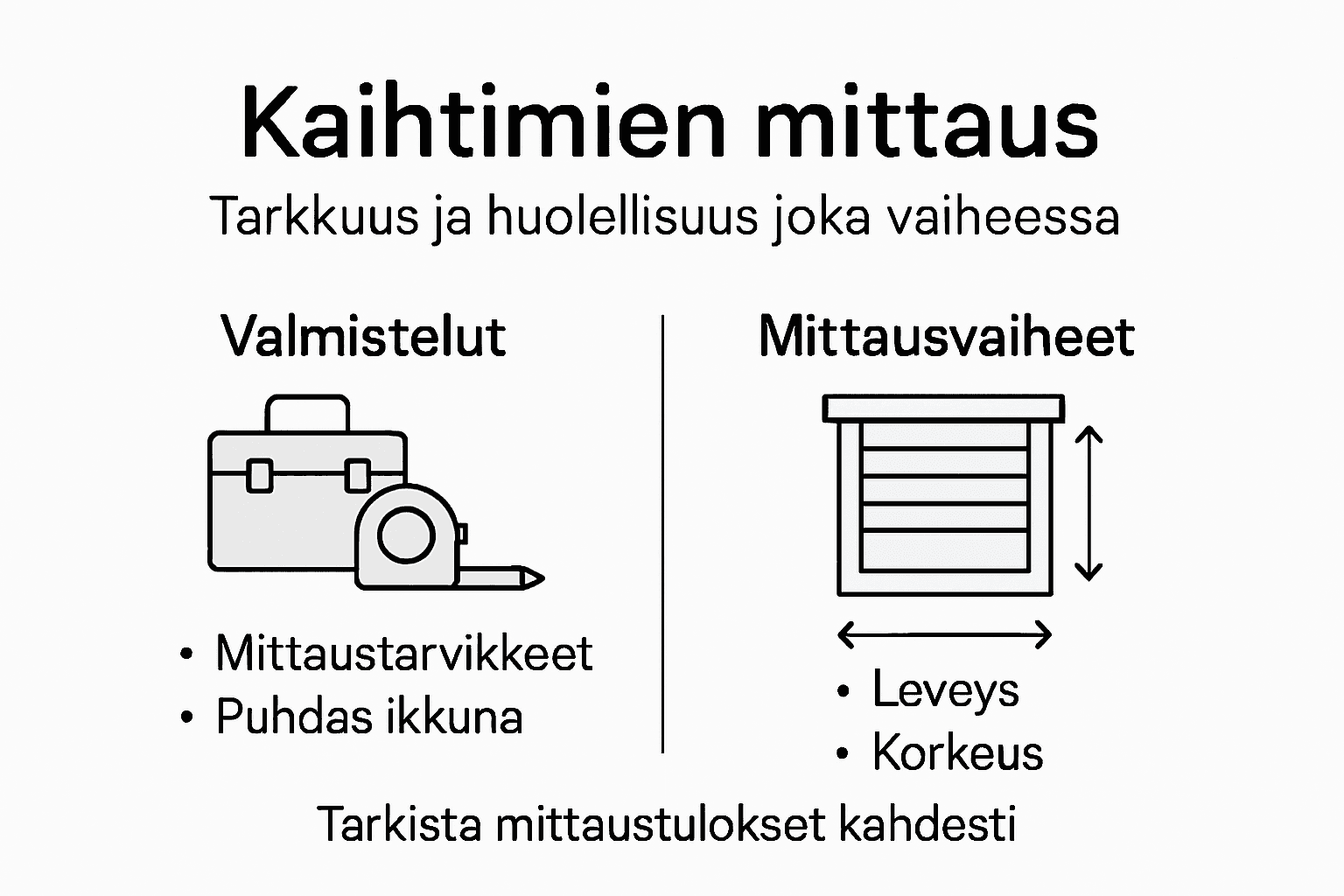 Selkeä infografiikka: näin mittaat kaihtimet ja valmistelet asennusta