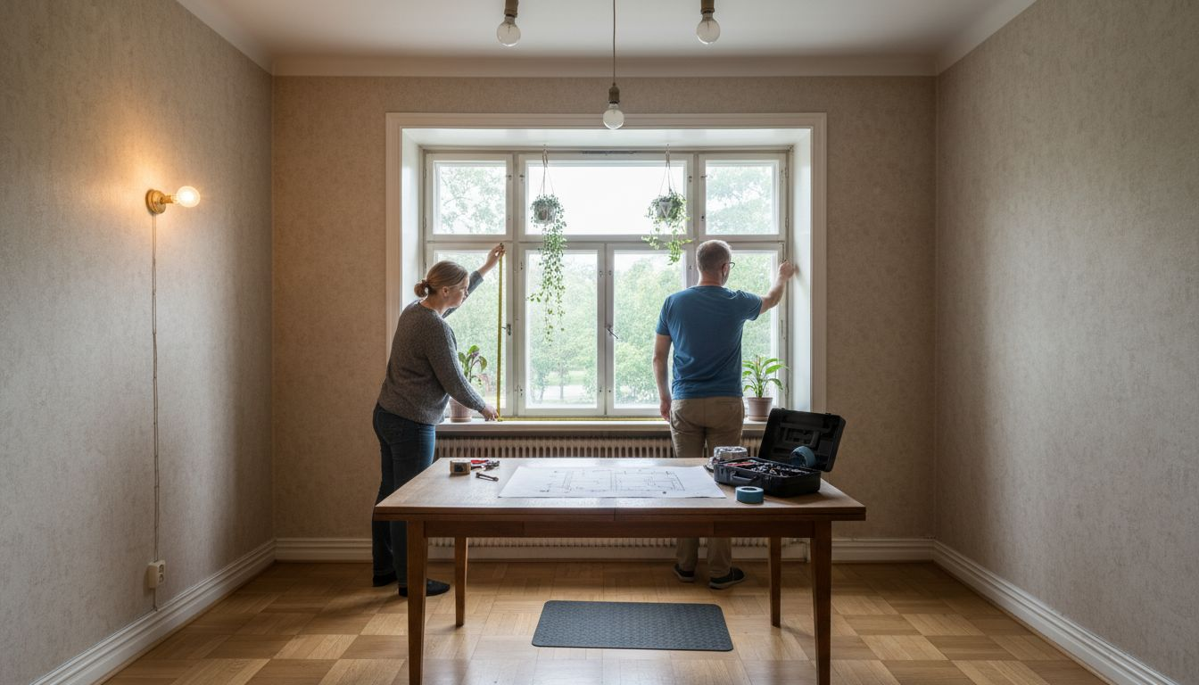 Ennen ikkunan asentamista asukkaat varmistavat mittaamalla, että ikkuna sopii aukkoon.