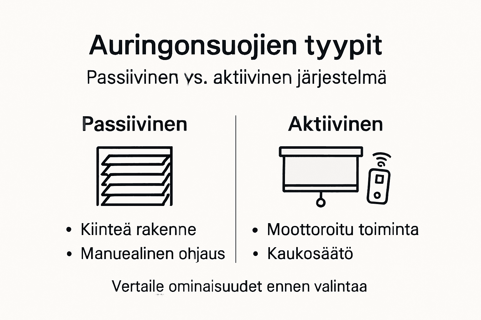 Havainnollistava kuva passiivisista ja aktiivisista auringonsuojaratkaisuista