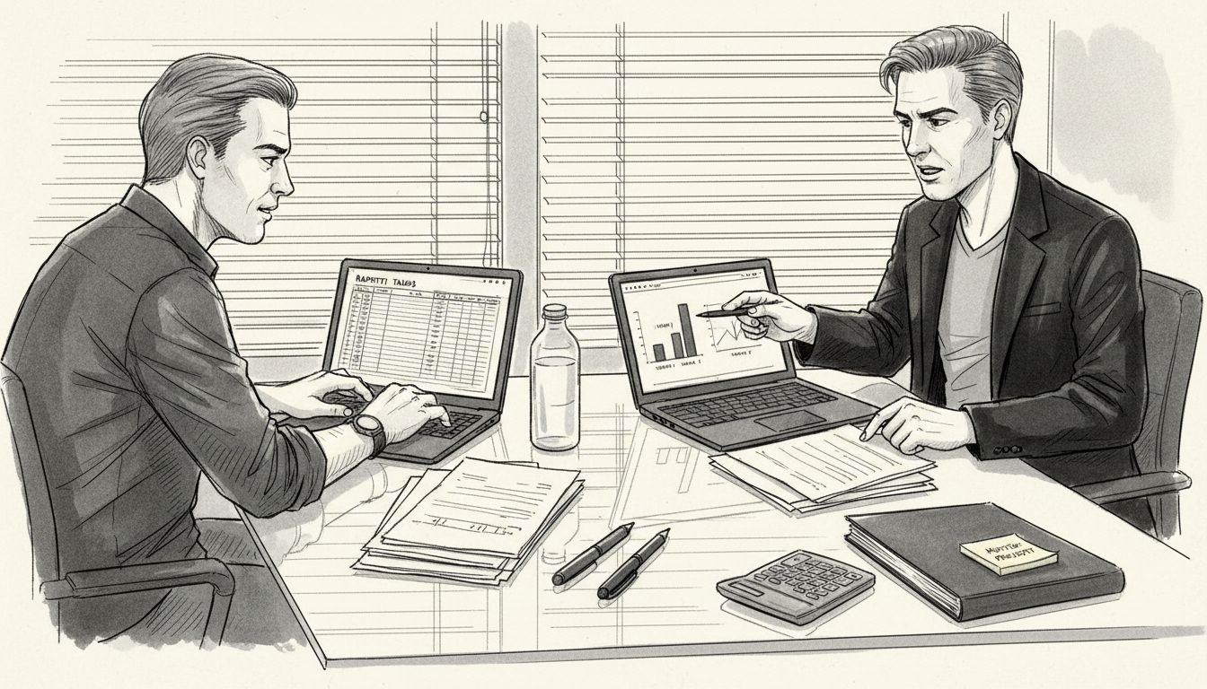 Kaksi miestä vertailemassa rakennusurakoiden tarjouksia