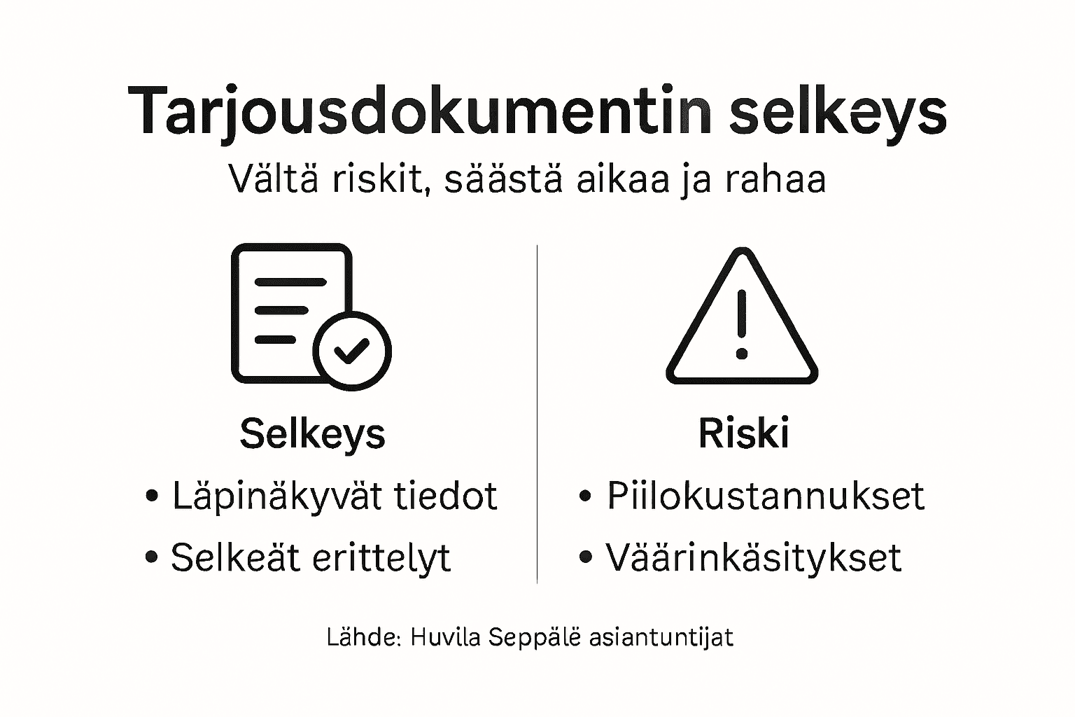 Infografiikka, joka havainnollistaa tarjousdokumentin selkeyden merkitystä sekä siihen liittyviä mahdollisia riskejä.