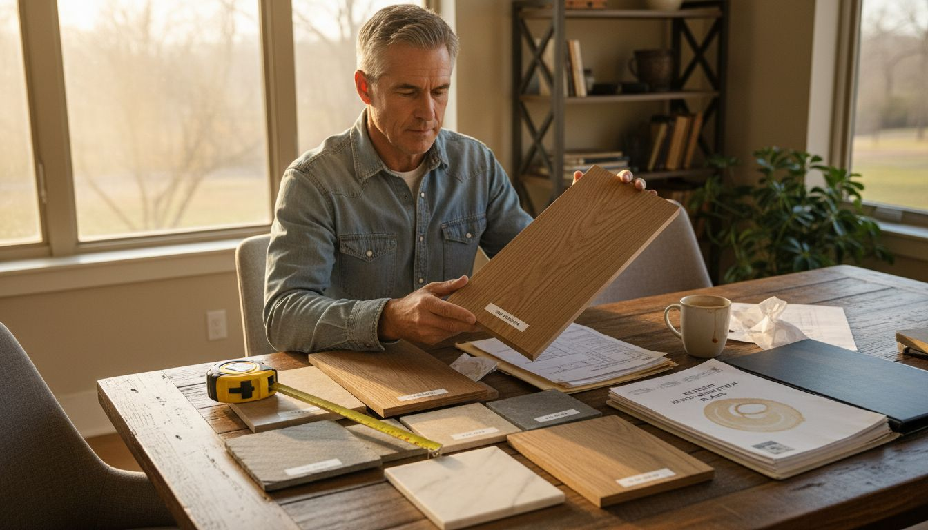 Man comparing sauna material samples indoors