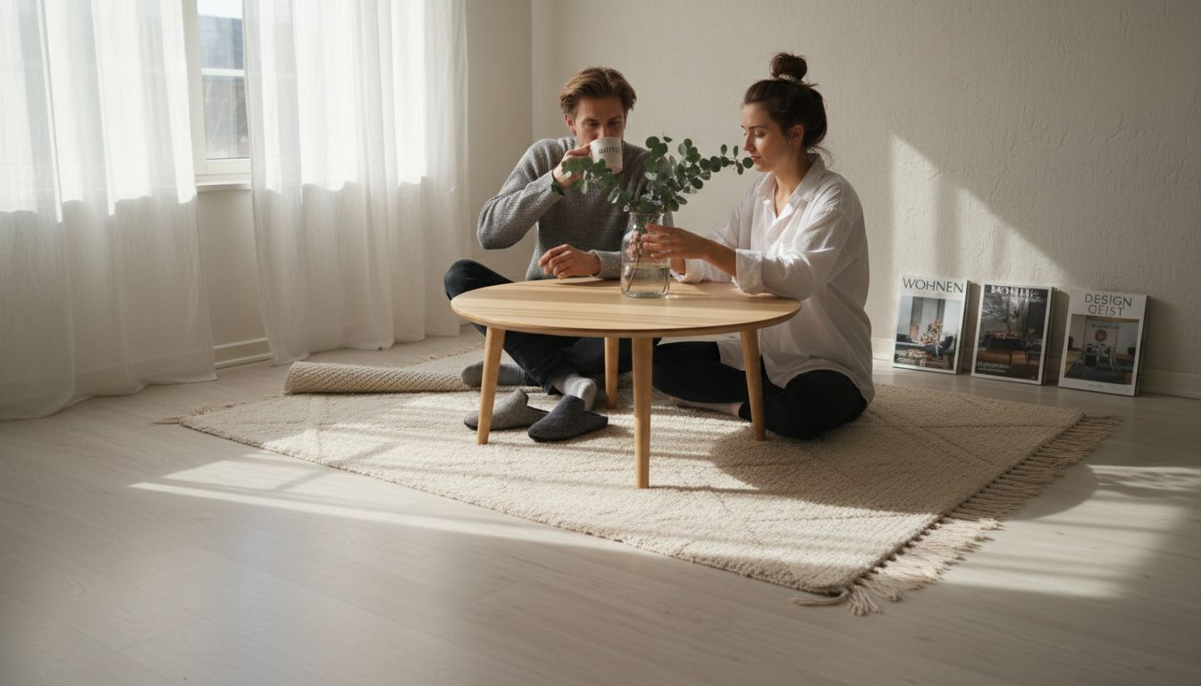 Skandinavisch inspiriertes Wohnzimmer mit viel Licht und modernem Vinylboden