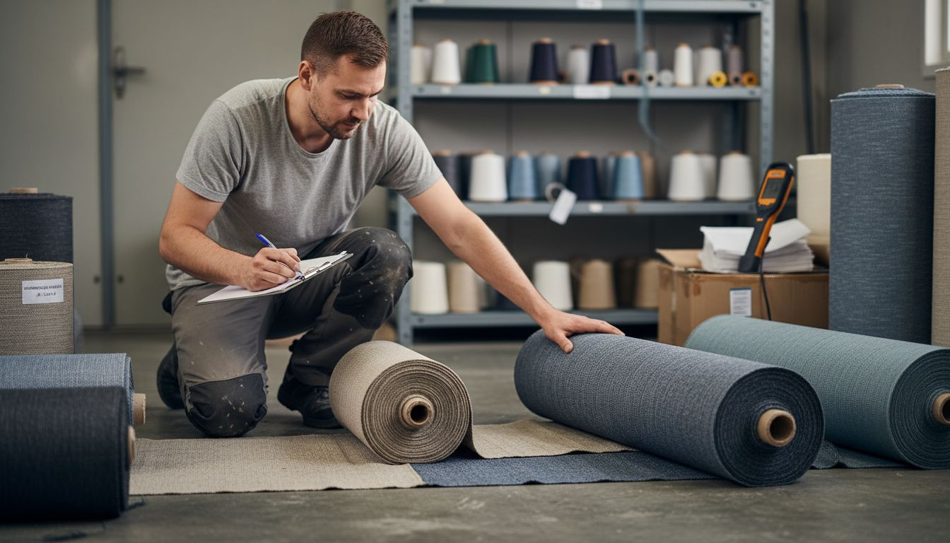 Teknikko tarkastaa aurinkosuojien materiaalit varmistaakseen niiden laadun ja kestävyyden.