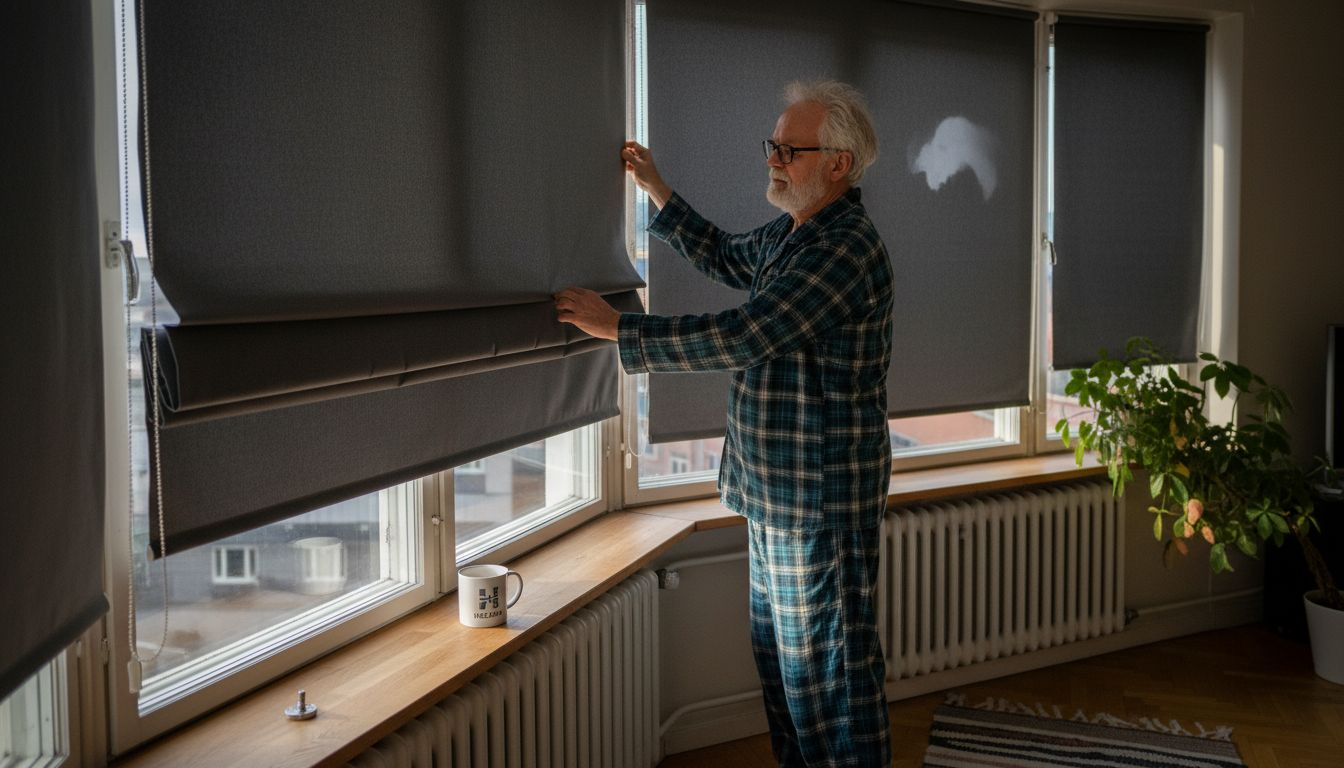 Mies tarkistaa, että sälekaihtimet istuvat tiiviisti patterin yläpuolelle.