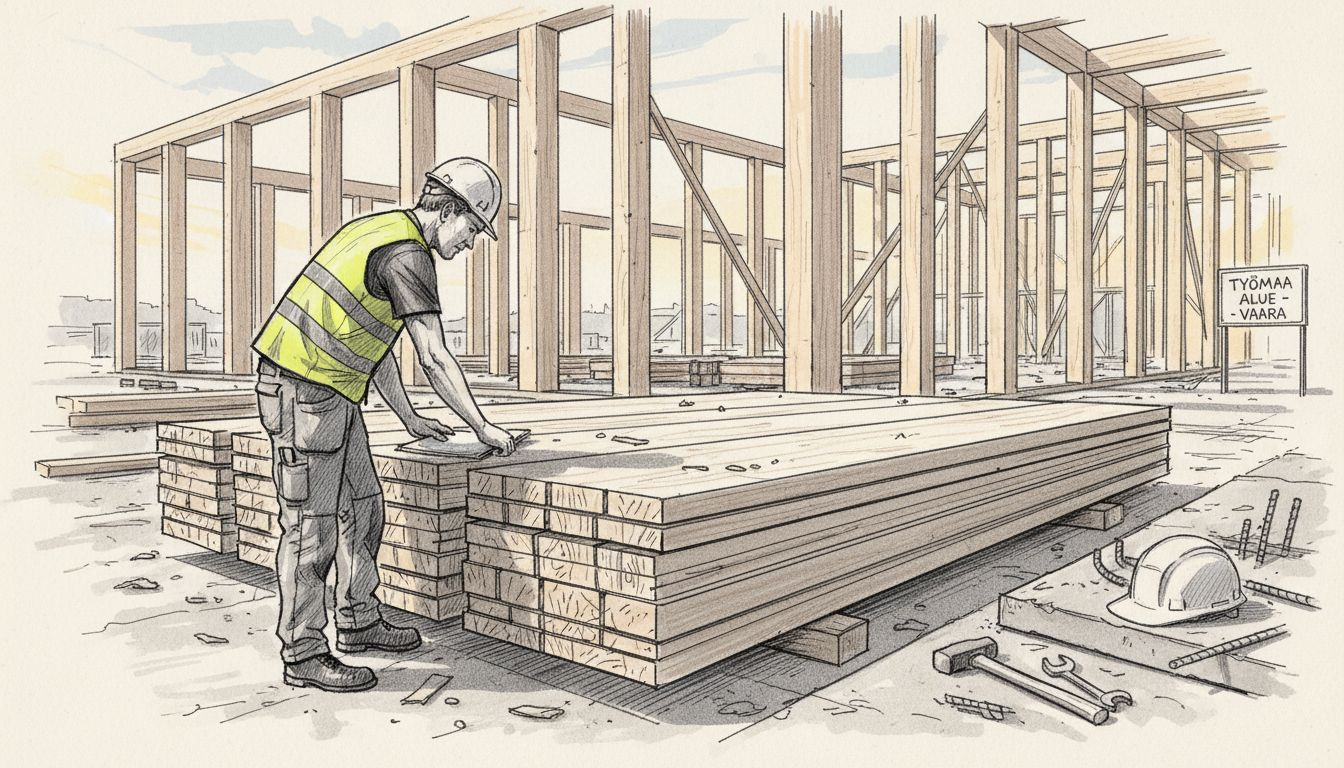 Työntekijä tarkistaa CLT-paneeleita rakennustyömaalla.