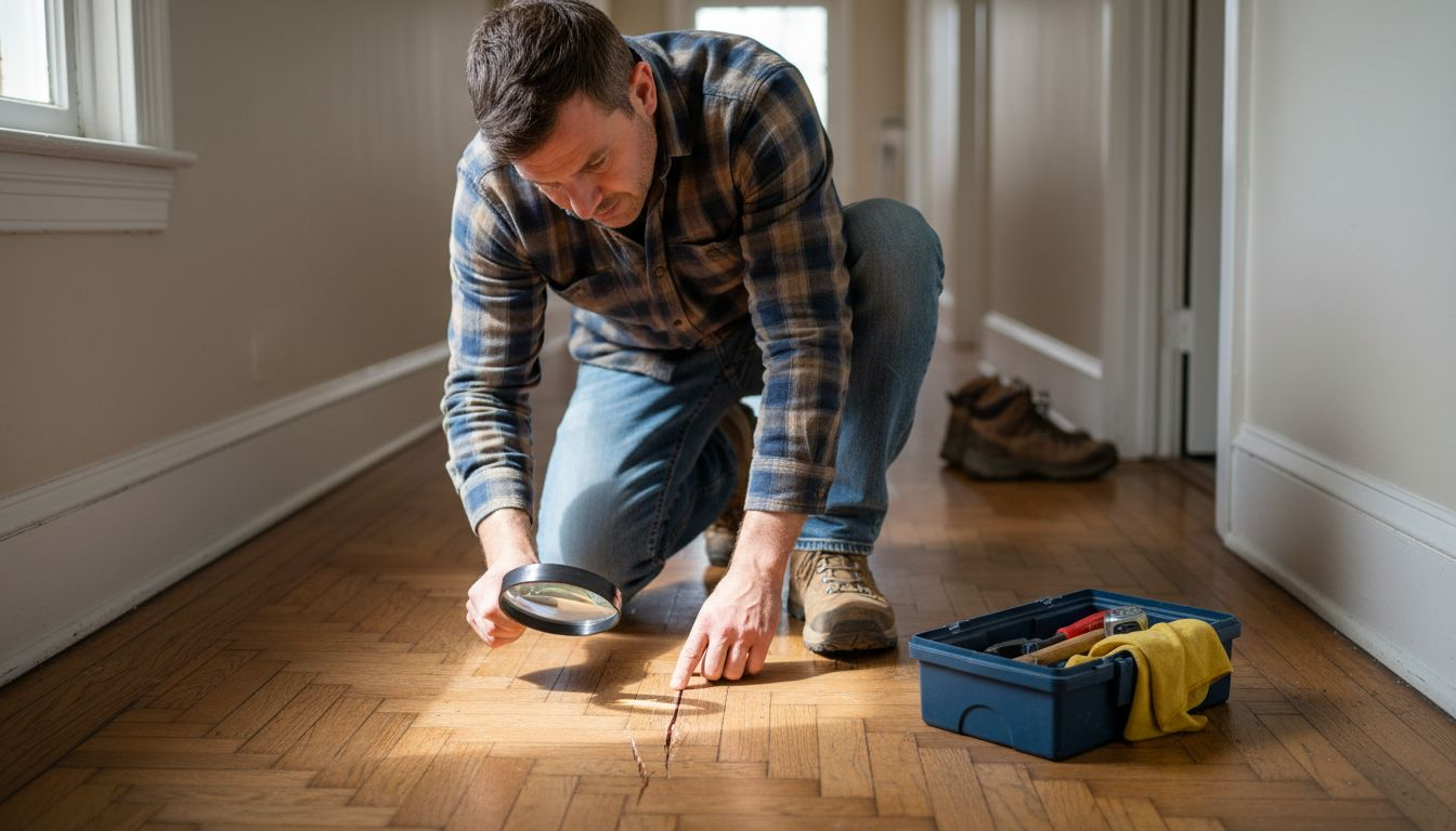 Ein Mann begutachtet Schäden am Holzboden im Flur seines Hauses.