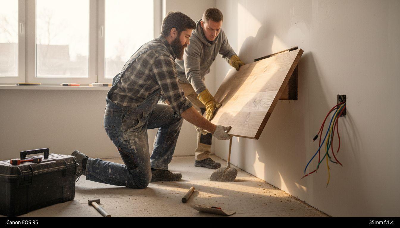 Im Wohnzimmer wird derzeit von Fachleuten eine massive Holzplatte angebracht.