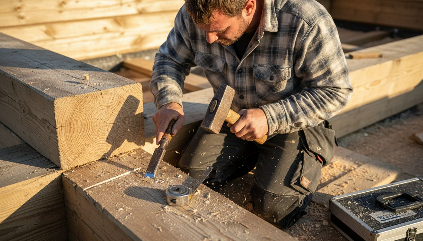 En skicklig snickare bygger upp ett stadigt hörn med timmerknutar.