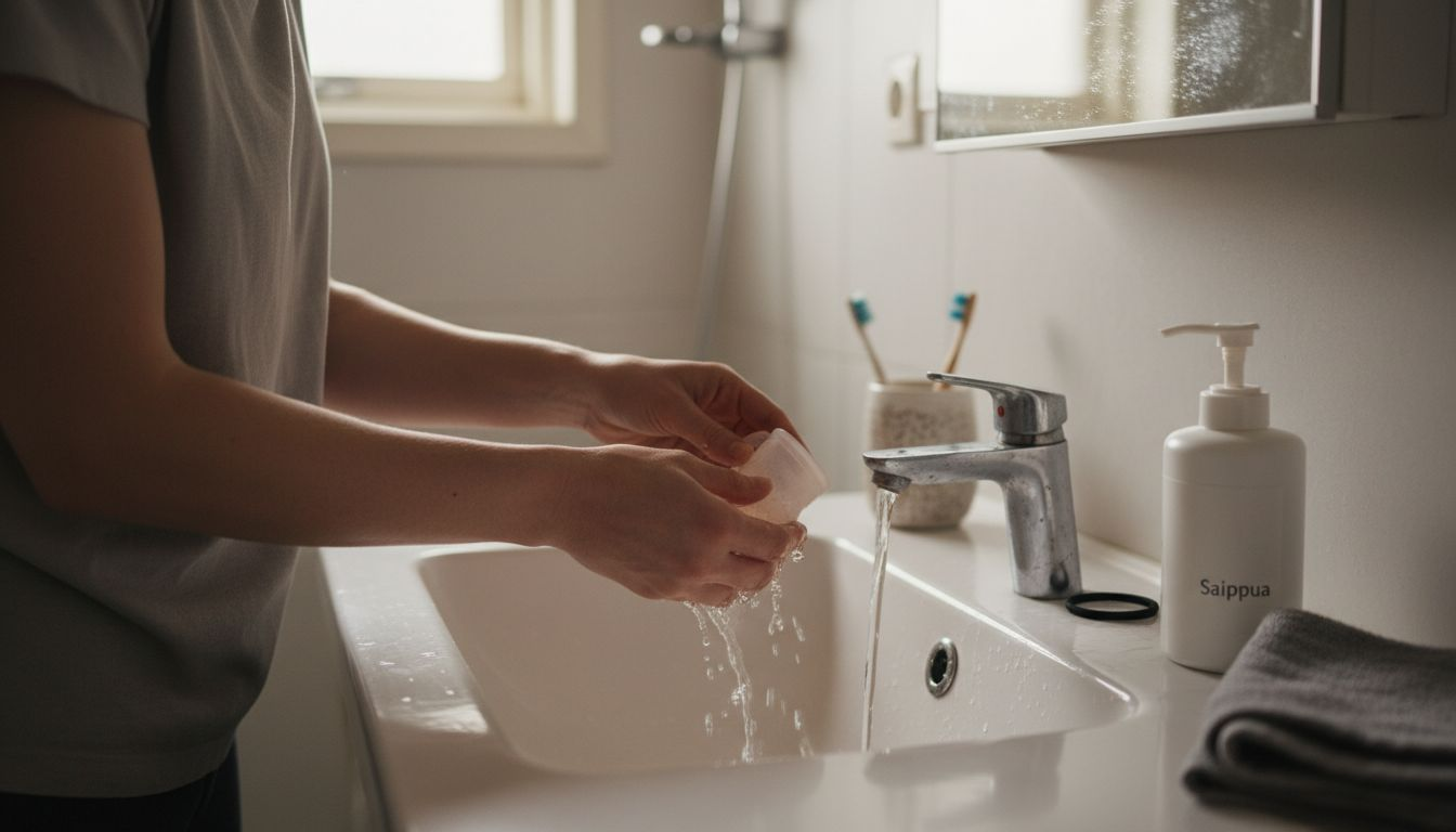 Silikonituotteen peseminen kylpyhuoneen lavuaarissa