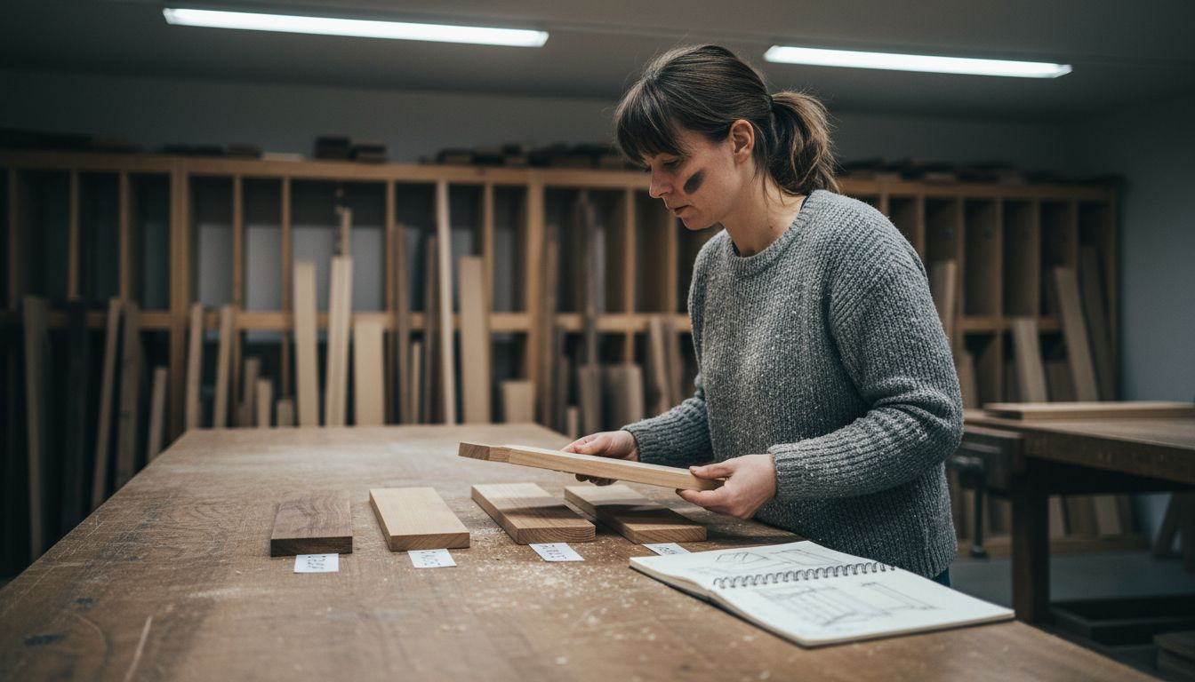 Designer sorting and inspecting wood samples