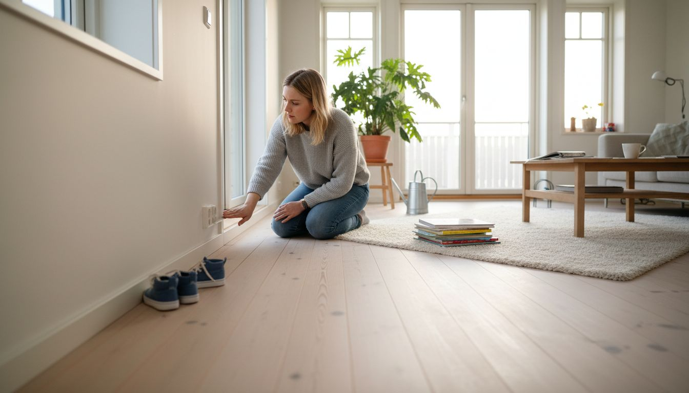 Eine Frau begutachtet die Sockelleiste in ihrem skandinavisch eingerichteten Wohnzimmer.