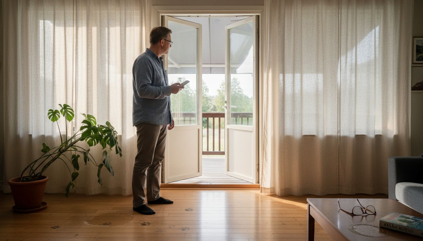 Mies ohjaa sähköistä markiisia suoraan olohuoneesta käsin.
