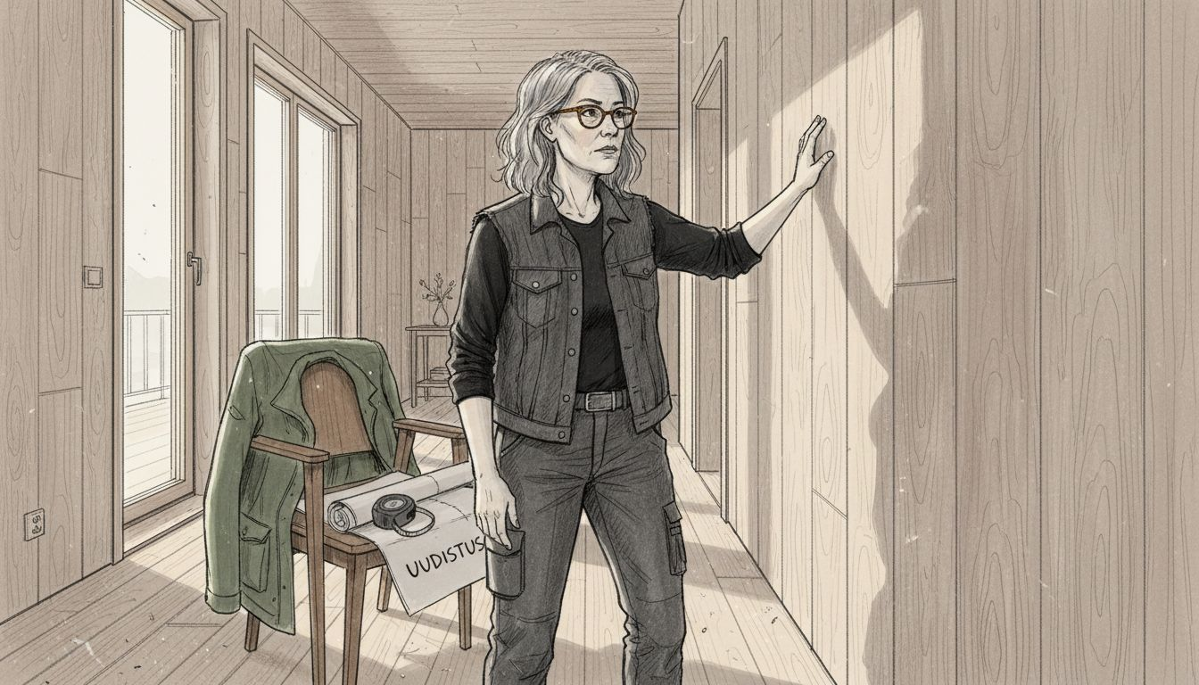 Arkkitehti tutkii puutalon sisätilojen materiaalivalintoja ja rakenteita.