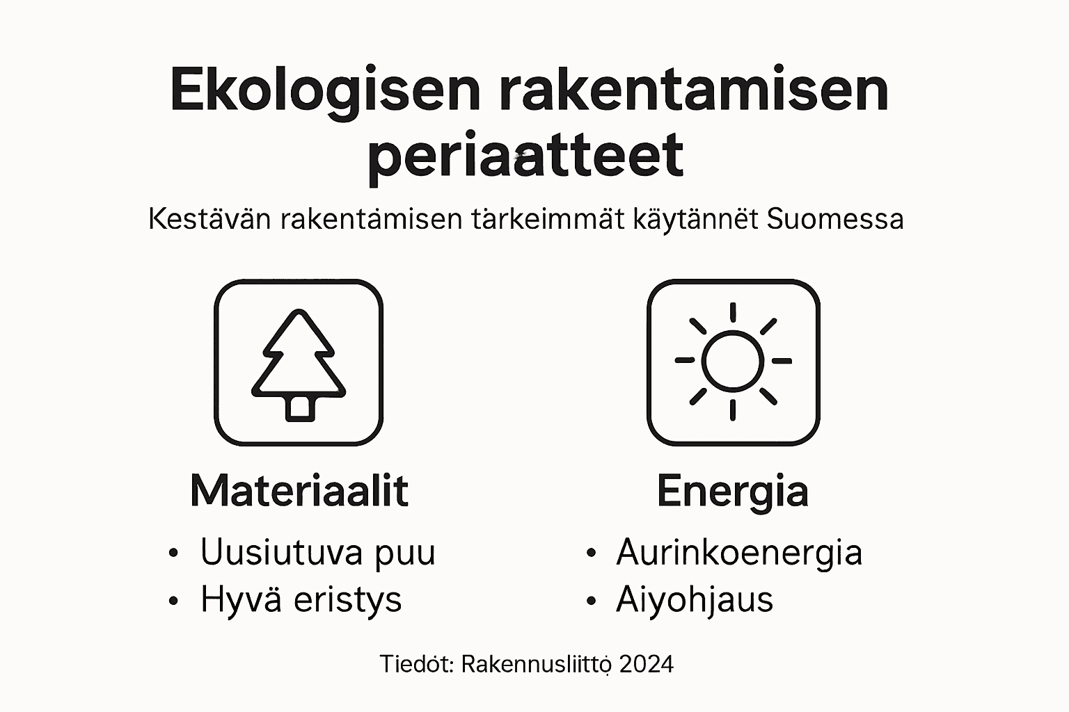 Ekologisen rakentamisen ja energian käyttöön liittyvät keskeiset periaatteet havainnollistettuna infografiikassa.