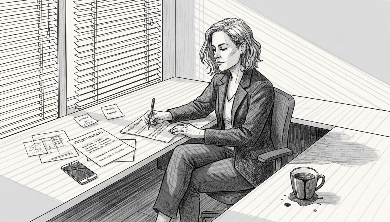 Arkkitehti käy läpi budjetin muutoksia työpöydän äärellä ja kirjaa ne ylös.