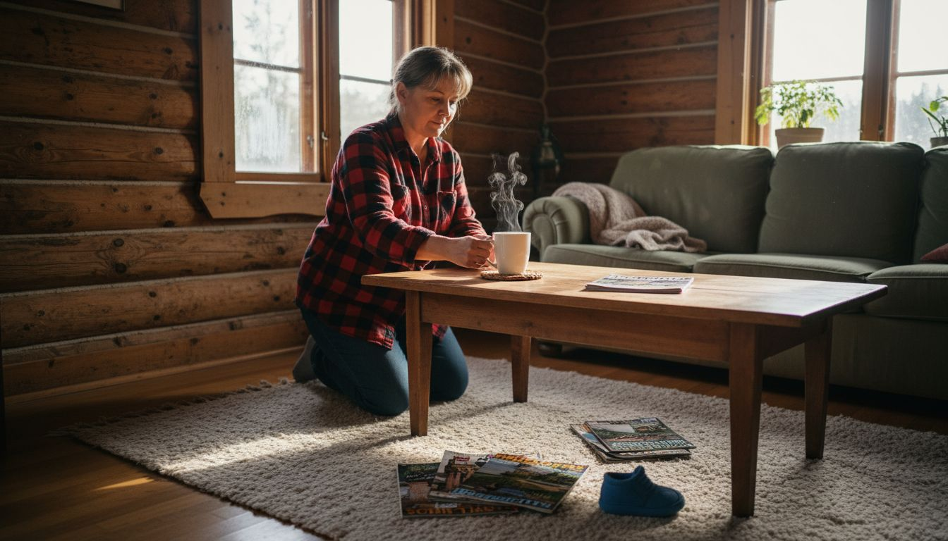 Sunlit log villa interior with daily life details