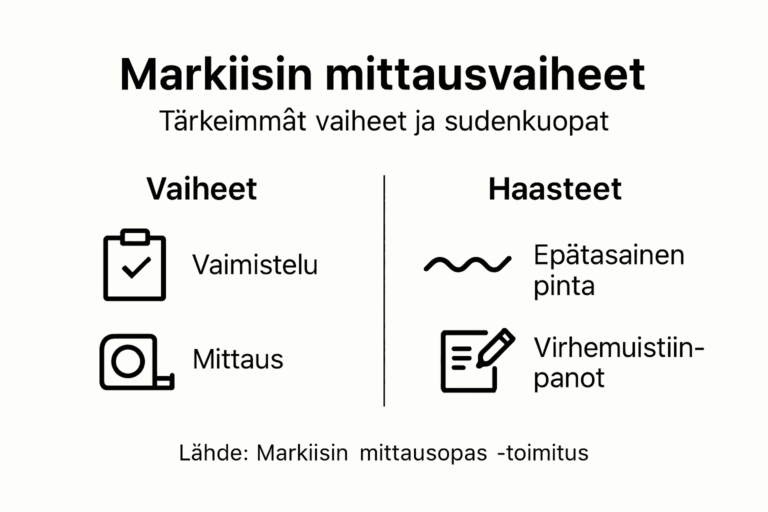 Havainnollistava kuva markiisin mittaamisen eri vaiheista ja yleisimmistä haasteista