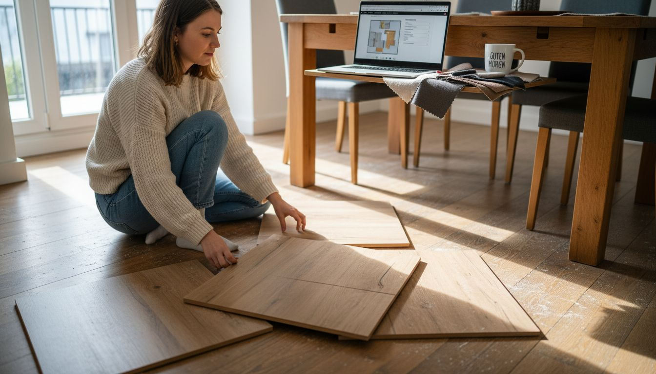 Eine Frau begutachtet verschiedene Bodenbeläge im Raum, um das passende Muster auszuwählen.