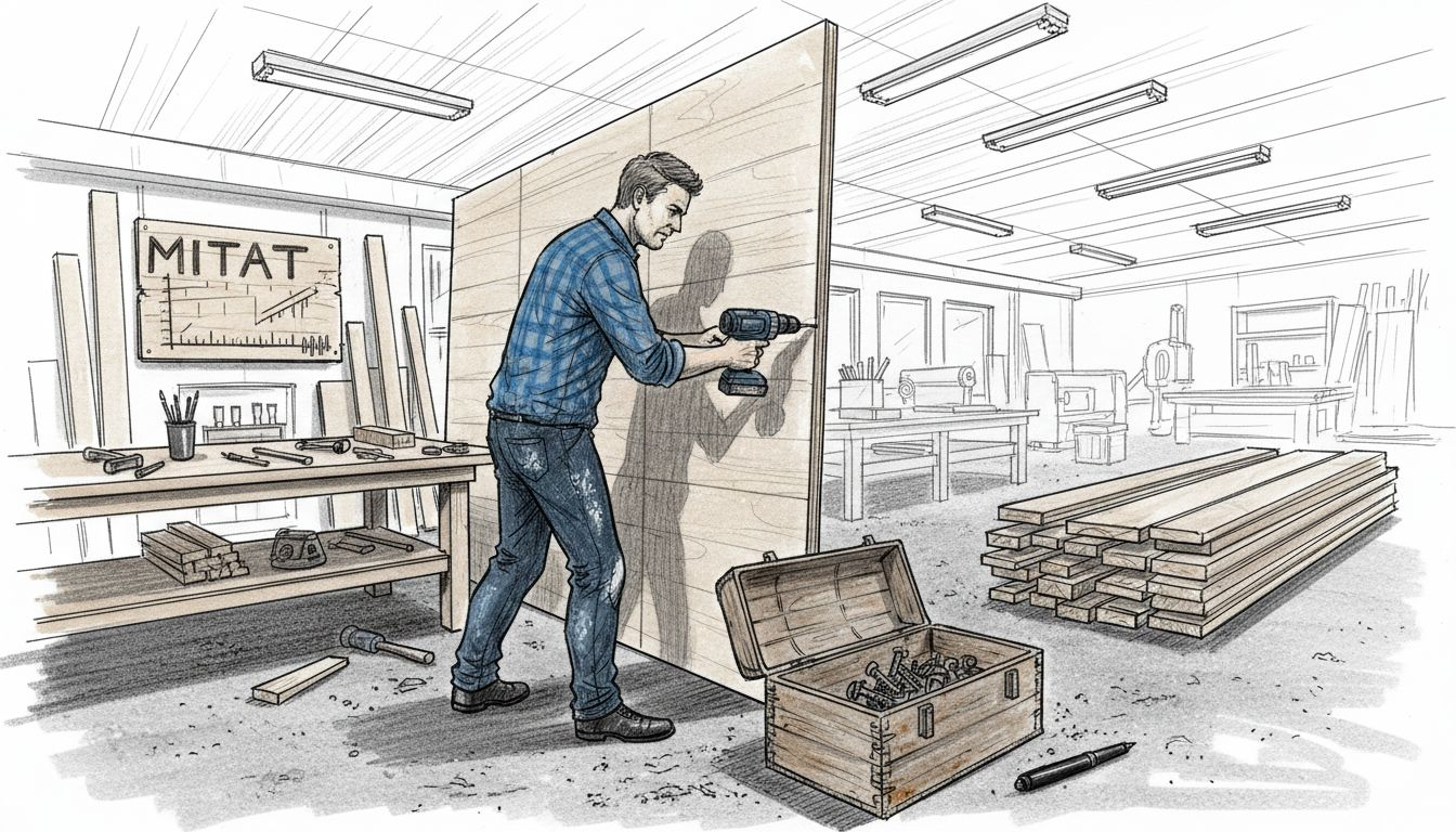 Puuseppä kokoaa puusta valmistettuja moduuliosia työmaalla.