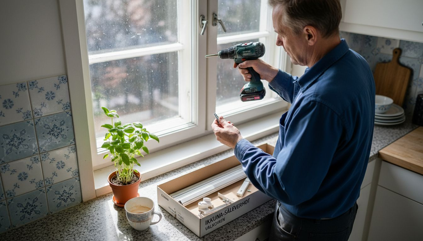 Mies asentaa sälekaihtimia pienentääkseen kodin energiankulutusta.