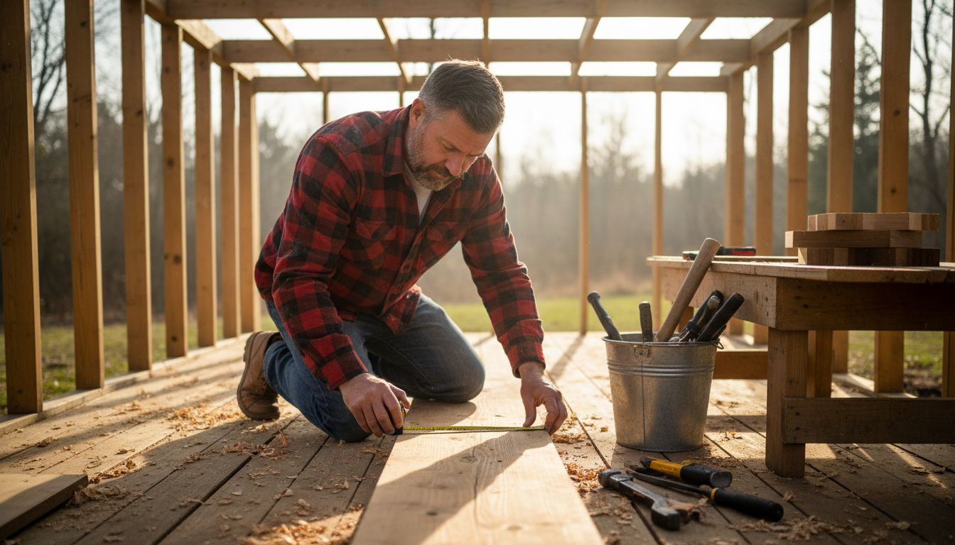 Carpenter preparing sauna planks with hand tools