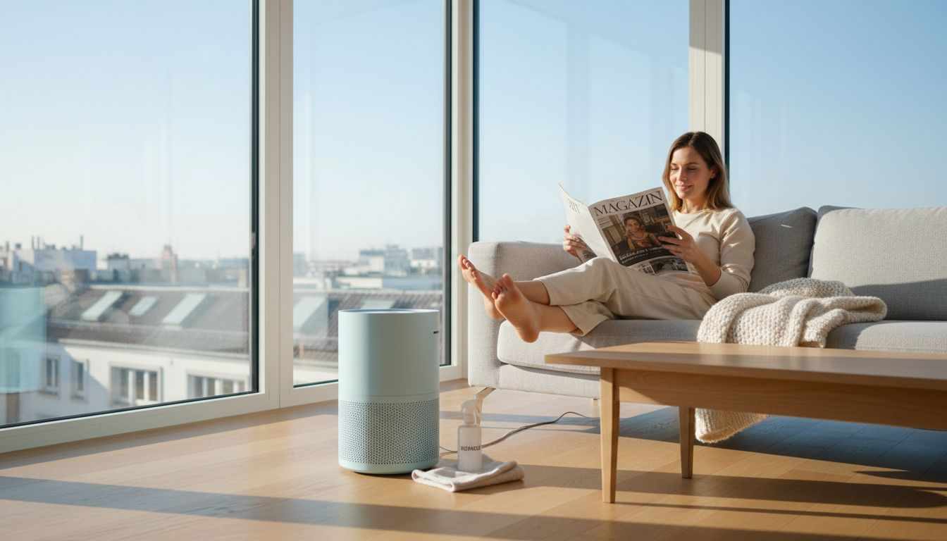 Eine Frau entspannt sich in ihrem frisch gereinigten, allergikerfreundlichen Wohnzimmer und genießt das angenehme Raumklima.