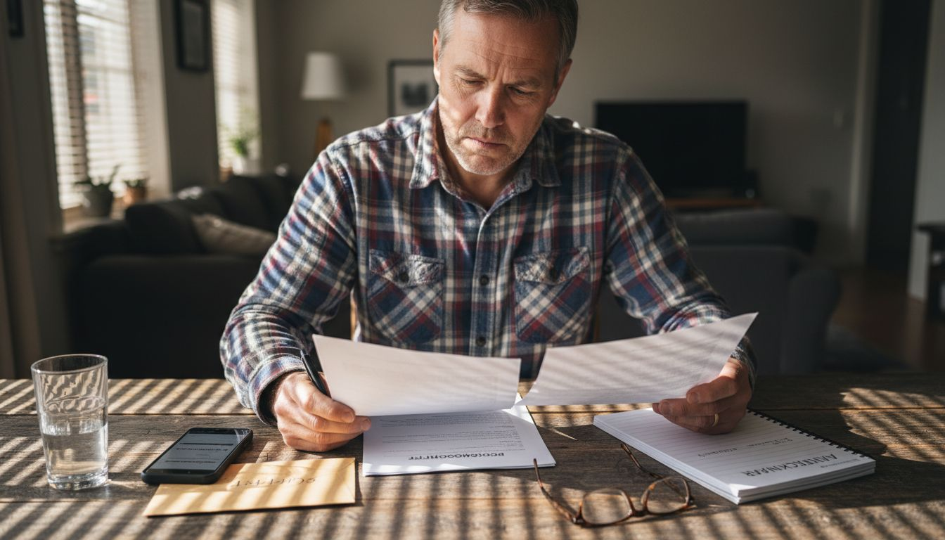 En man sitter och jämför offerter från olika byggföretag inför ett renoveringsprojekt.