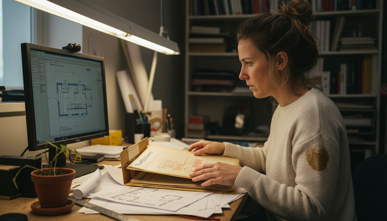 Arkitekten går gjennom byggetegningene og sjekker at alt er i orden med byggesøknadene.