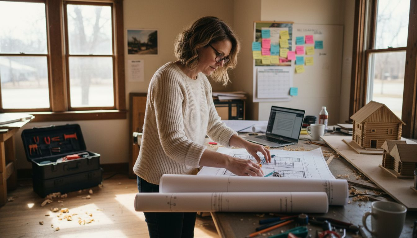 Architect sorts log cabin permit documents