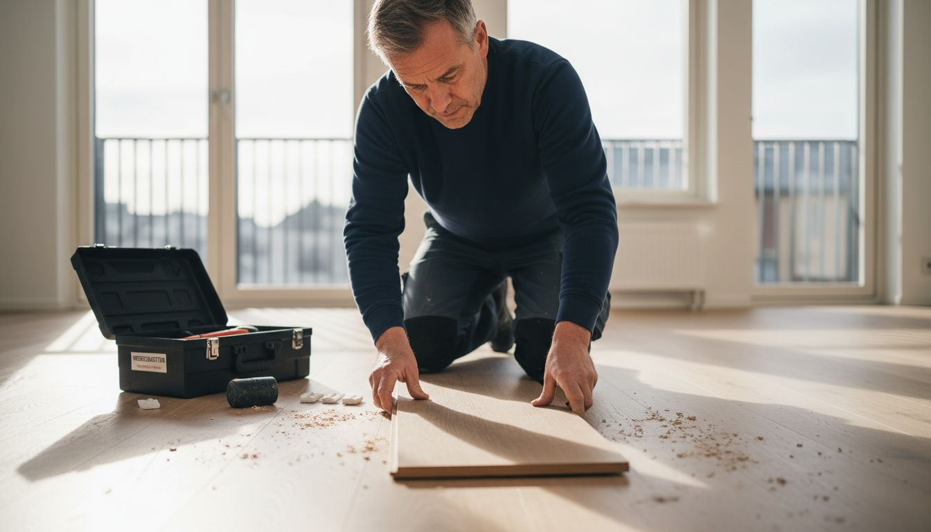 Ein erfahrener Handwerker verlegt modernen skandinavischen Klickparkett fachgerecht.