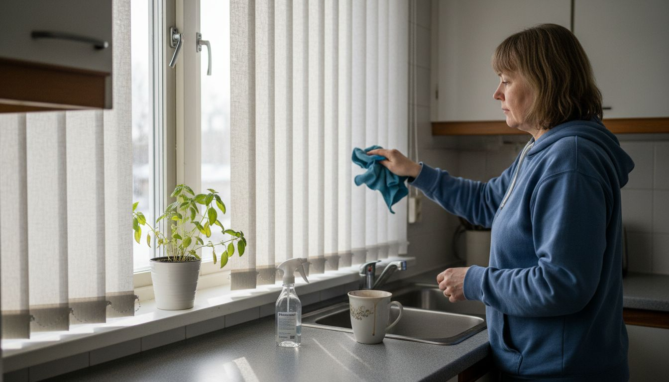 Nainen pyyhkii pölyisiä sälekaihtimia keittiössä.