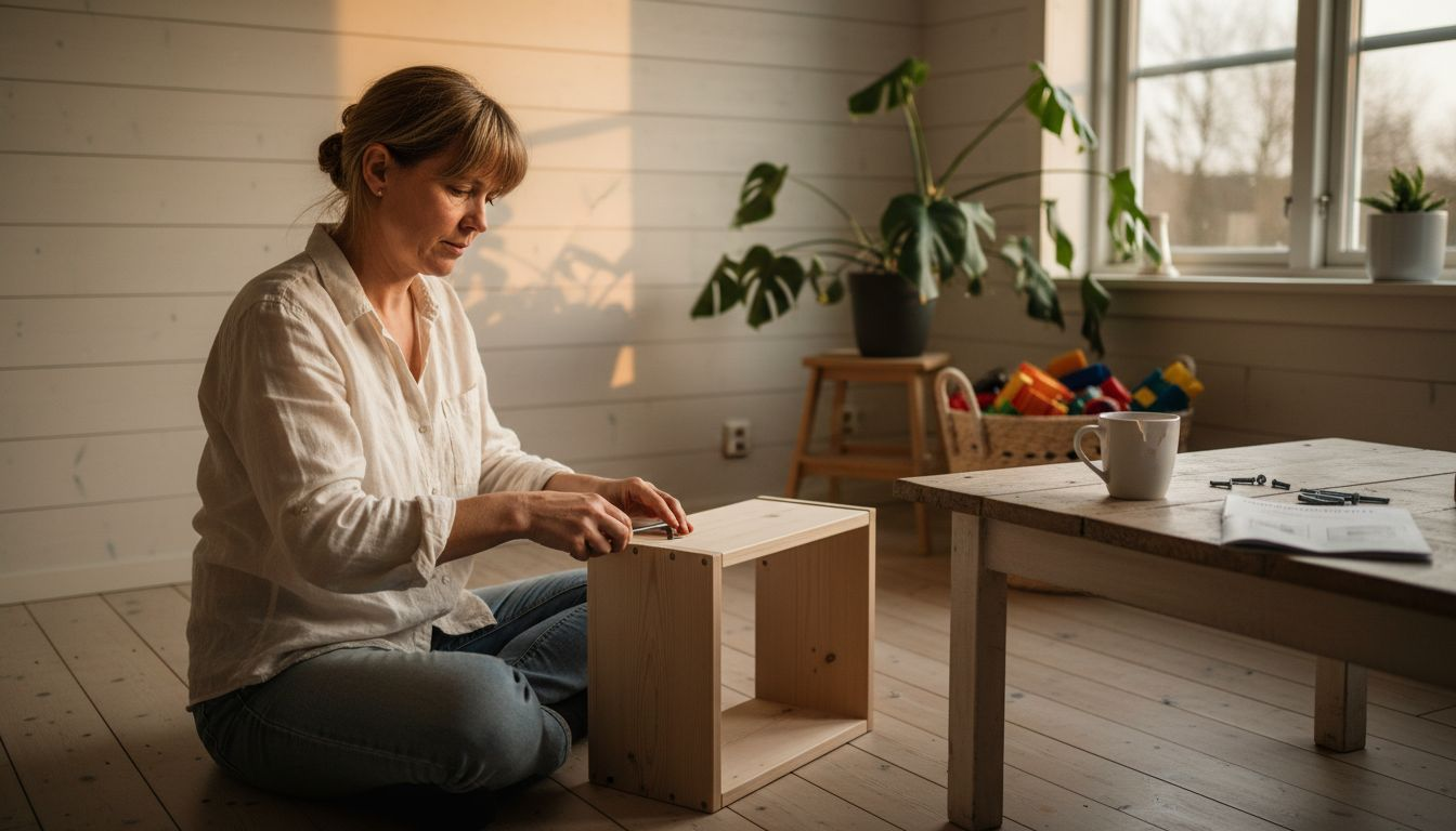 In einer gemütlichen Holzhütte baut eine Frau mit geschickten Händen ein Möbelstück zusammen.