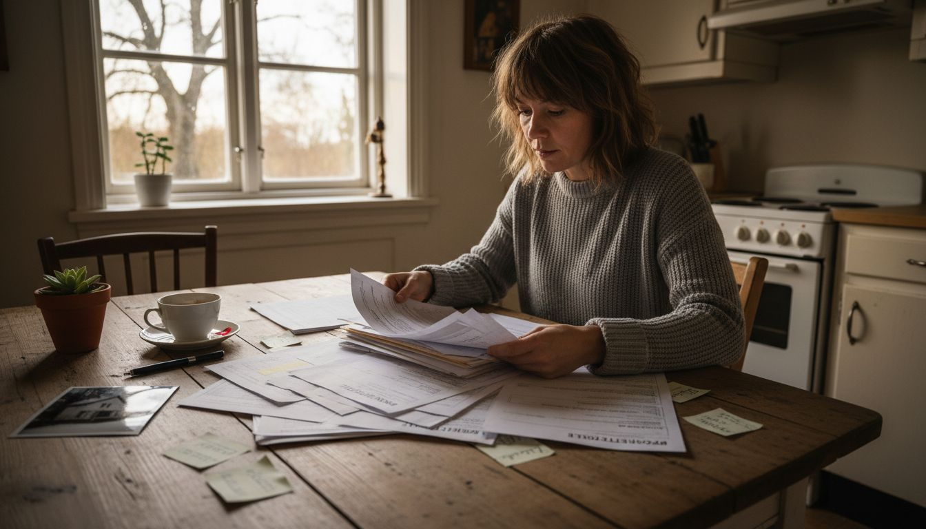 En kvinne sitter ved kjøkkenbordet og ser nøye gjennom papirene for byggetillatelsen.