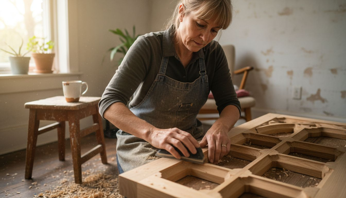 Woman sanding handcrafted wooden archway interior