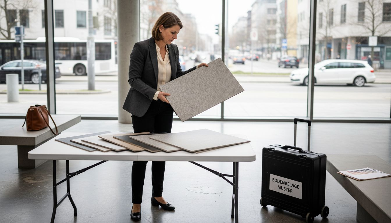 Ein Architekt begutachtet verschiedene Bodenbeläge für das Foyer eines Bürogebäudes.