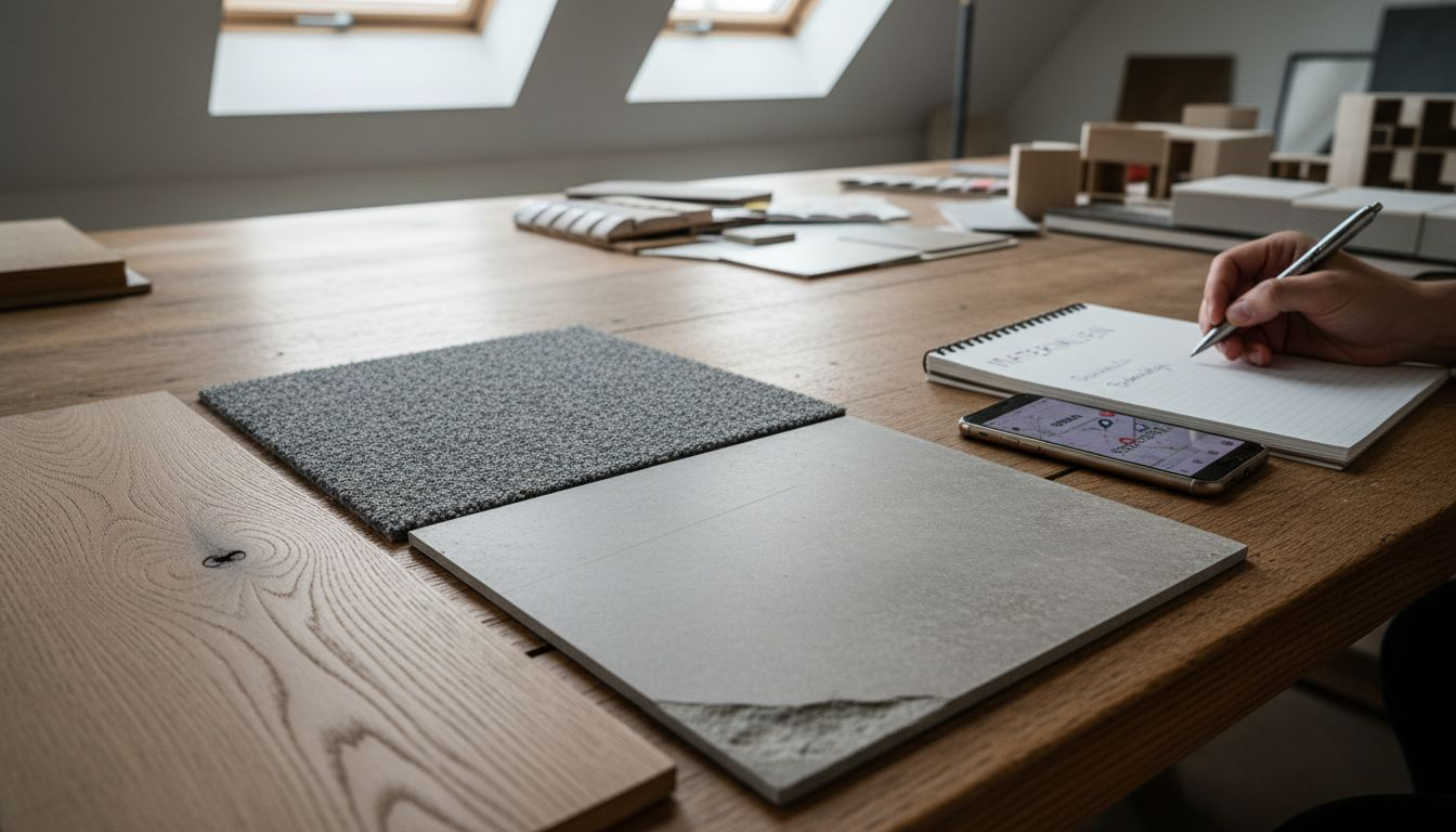 Verschiedene Bodenbeläge für den gewerblichen Einsatz liegen zur Präsentation auf einem Designertisch.