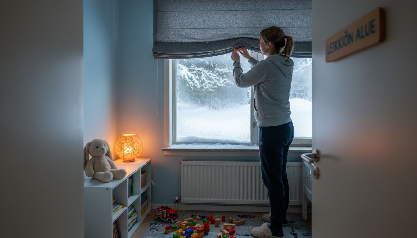 Talvi-iltaisin äiti sulkee lastenhuoneen sälekaihtimet, jotta huone pysyy lämpimänä ja ulkoa ei kajasta kylmää valoa sisään.