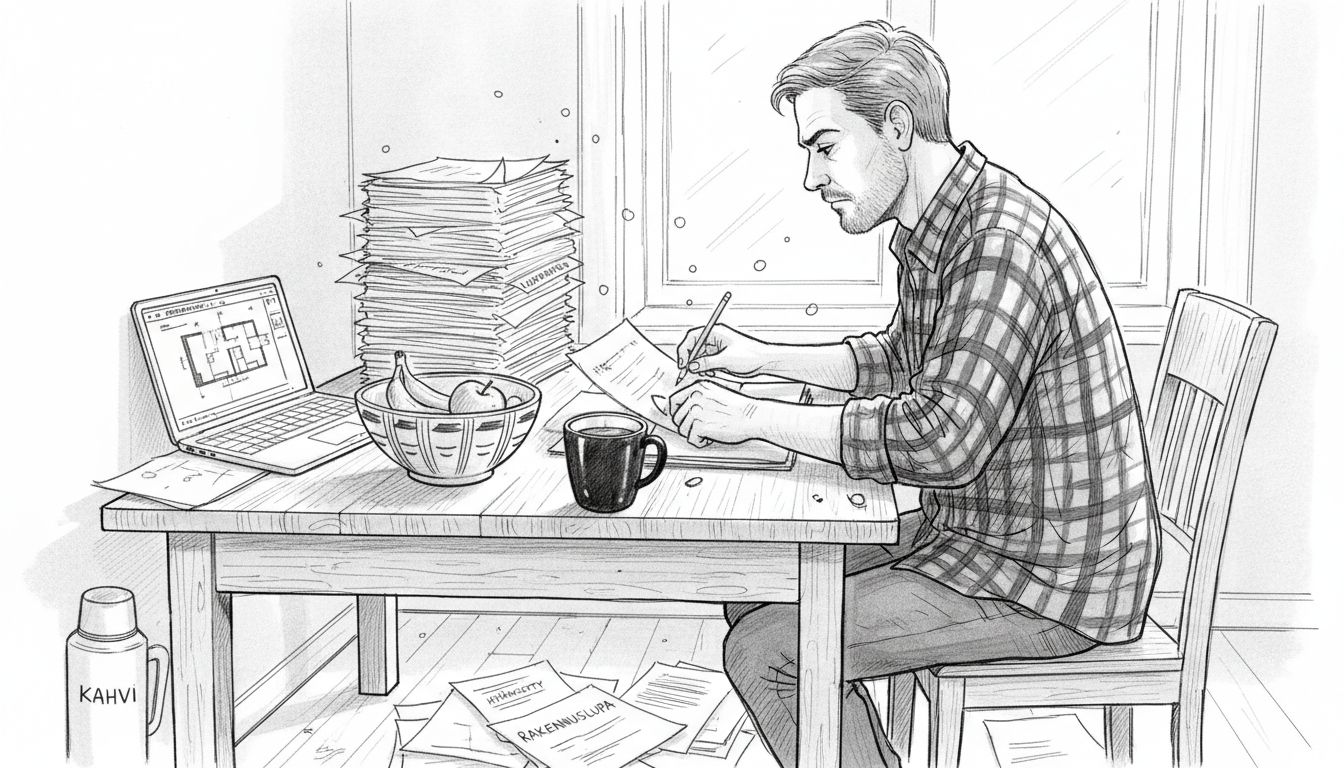 Omistaja käy läpi rakennuslupaa varten tarvittavia papereita ja järjestelee dokumentteja kuntoon.