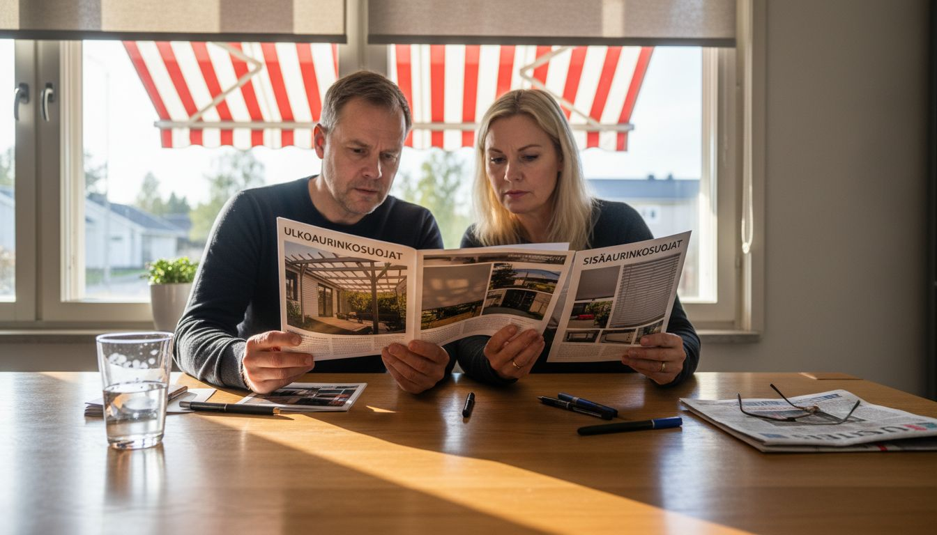 Istutaan keittiön pöydän ääressä ja pohditaan yhdessä, millaiset aurinkosuojat sopisivat parhaiten meidän kotiin.